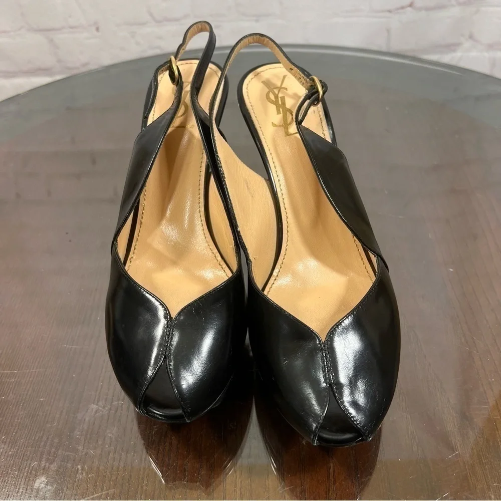 YSL Patent & Calf Leather peep toe sling back pumps 37 GUC sexy chic vintage